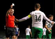 6 October 2023; Dane Massey of Bray Wanderers is shown a yellow card by referee Paul Norton during the SSE Airtricity Men's First Division match between Athlone Town and Bray Wanderers at Athlone Town Stadium in Westmeath. Photo by Michael P Ryan/Sportsfile
