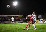 6 October 2023; Jack Moylan of Shelbourne in action against Hayden Muller of Dundalk during the SSE Airtricity Men's Premier Division match between Shelbourne and Dundalk at Tolka Park in Dublin. Photo by Stephen McCarthy/Sportsfile