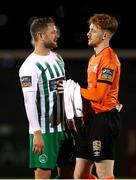 6 October 2023; Dane Massey of Bray Wanderers, left, in conversation with Athlone Town goalkeeper Enda Minogue after the SSE Airtricity Men's First Division match between Athlone Town and Bray Wanderers at Athlone Town Stadium in Westmeath. Photo by Michael P Ryan/Sportsfile