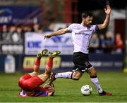 6 October 2023; Patrick Hoban of Dundalk in action against Tyreke Wilson of Shelbourne during the SSE Airtricity Men's Premier Division match between Shelbourne and Dundalk at Tolka Park in Dublin. Photo by Stephen McCarthy/Sportsfile