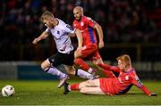 6 October 2023; Daryl Horgan of Dundalk is tackled by Shane Farrell of Shelbourne during the SSE Airtricity Men's Premier Division match between Shelbourne and Dundalk at Tolka Park in Dublin. Photo by Stephen McCarthy/Sportsfile
