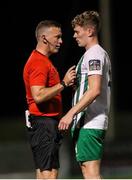 6 October 2023; Referee Paul Norton in conversation with Jack Hudson of Bray Wanderers during the SSE Airtricity Men's First Division match between Athlone Town and Bray Wanderers at Athlone Town Stadium in Westmeath. Photo by Michael P Ryan/Sportsfile