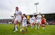 7 October 2023; Ulster captain Tom Stewart leads his side out before the pre-season friendly match between Ulster and Glasgow Warriors at Kingspan Breffni in Cavan. Photo by Ben McShane/Sportsfile