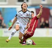 7 October 2023; Dylan Connolly of Bohemians is tackled by Regan Donelon of Galway United during the Sports Direct Men’s FAI Cup semi-final match between Galway United and Bohemians at Eamonn Deacy Park in Galway. Photo by Stephen McCarthy/Sportsfile