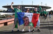 7 October 2023; Ireland supporters, from left, Geoff Madden, and Jen and Gareth Kane, from Mayo, before the 2023 Rugby World Cup Pool B match between Ireland and Scotland at the Stade de France in Paris, France. Photo by Harry Murphy/Sportsfile