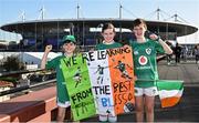 7 October 2023; Ireland supporters, from left, Senan, age 10, Doireann, age 12, and Donagh O'Brien, age 13, from Blessington, Wicklow, before the 2023 Rugby World Cup Pool B match between Ireland and Scotland at the Stade de France in Paris, France. Photo by Harry Murphy/Sportsfile