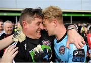 7 October 2023; Bohemians manager Declan Devine and goalkeeper James Talbot celebrate after the Sports Direct Men’s FAI Cup semi-final match between Galway United and Bohemians at Eamonn Deacy Park in Galway. Photo by Stephen McCarthy/Sportsfile