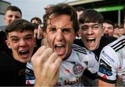 7 October 2023; Dylan Connolly of Bohemians celebrates with supporters after the Sports Direct Men’s FAI Cup semi-final match between Galway United and Bohemians at Eamonn Deacy Park in Galway. Photo by Stephen McCarthy/Sportsfile