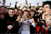 7 October 2023; Paddy Kirk and John O’Sullivan, left, of Bohemians celebrate with supporters after the Sports Direct Men’s FAI Cup semi-final match between Galway United and Bohemians at Eamonn Deacy Park in Galway. Photo by Stephen McCarthy/Sportsfile