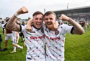 7 October 2023; Danny Grant, left, and Adam McDonnell of Bohemians celebrate after the Sports Direct Men’s FAI Cup semi-final match between Galway United and Bohemians at Eamonn Deacy Park in Galway. Photo by Stephen McCarthy/Sportsfile