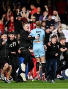 7 October 2023; Bohemians supporters celebrate with goalkeeper James Talbot after the Sports Direct Men’s FAI Cup semi-final match between Galway United and Bohemians at Eamonn Deacy Park in Galway. Photo by Stephen McCarthy/Sportsfile