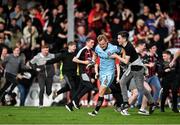 7 October 2023; Bohemians supporters celebrate with goalkeeper James Talbot after the Sports Direct Men’s FAI Cup semi-final match between Galway United and Bohemians at Eamonn Deacy Park in Galway. Photo by Stephen McCarthy/Sportsfile