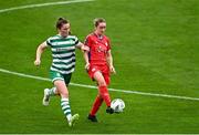 7 October 2023; Rachel Graham of Shelbourne in action against Scarlett Herron of Shamrock Rovers during the SSE Airtricity Women's Premier Division match between Shamrock Rovers and Shelbourne at Tallaght Stadium in Dublin. Photo by Eóin Noonan/Sportsfile