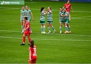 7 October 2023; Alannah McEvoy of Shamrock Rovers, right, celebrates with teammates after scoring her side's third goal during the SSE Airtricity Women's Premier Division match between Shamrock Rovers and Shelbourne at Tallaght Stadium in Dublin. Photo by Eóin Noonan/Sportsfile