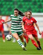 7 October 2023; Aoife Kelly of Shamrock Rovers in action against Rachel Graham of Shelbourne during the SSE Airtricity Women's Premier Division match between Shamrock Rovers and Shelbourne at Tallaght Stadium in Dublin. Photo by Eóin Noonan/Sportsfile