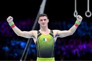 7 October 2023; Rhys McClenaghan of Ireland celebrates after winning gold in the Men's Pommel Horse Final at the 2023 World Artistic Gymnastics Championships at the Antwerps Sportpaleis in Antwerp, Belgium. Photo by Filippo Tomasi/Sportsfile