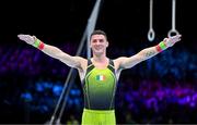 7 October 2023; Rhys McClenaghan of Ireland celebrates after winning gold in the Men's Pommel Horse Final at the 2023 World Artistic Gymnastics Championships at the Antwerps Sportpaleis in Antwerp, Belgium. Photo by Filippo Tomasi/Sportsfile