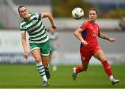 7 October 2023; Jessica Gargan of Shamrock Rovers in action against Christie Gray of Shelbourne during the SSE Airtricity Women's Premier Division match between Shamrock Rovers and Shelbourne at Tallaght Stadium in Dublin. Photo by Eóin Noonan/Sportsfile