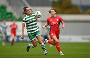 7 October 2023; Jessica Gargan of Shamrock Rovers in action against Christie Gray of Shelbourne during the SSE Airtricity Women's Premier Division match between Shamrock Rovers and Shelbourne at Tallaght Stadium in Dublin. Photo by Eóin Noonan/Sportsfile