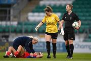 7 October 2023; Keeva Keenan of Shelbourne receives medical attention for an injury during the SSE Airtricity Women's Premier Division match between Shamrock Rovers and Shelbourne at Tallaght Stadium in Dublin. Photo by Eóin Noonan/Sportsfile