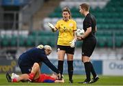 7 October 2023; Keeva Keenan of Shelbourne receives medical attention for an injury as Shelbourne goalkeeper Amanda McQuillan protests to referee Daniel Murphy during the SSE Airtricity Women's Premier Division match between Shamrock Rovers and Shelbourne at Tallaght Stadium in Dublin. Photo by Eóin Noonan/Sportsfile
