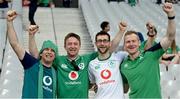 7 October 2023; Ireland supporters, from left, Kieran O'Shea, Sean Gleeson, Brendan Poff, and Liam Poff, from Tralee, Kerry, before the 2023 Rugby World Cup Pool B match between Ireland and Scotland at the Stade de France in Paris, France. Photo by Brendan Moran/Sportsfile