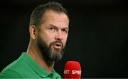 7 October 2023; Ireland head coach Andy Farrell is interviwed before the 2023 Rugby World Cup Pool B match between Ireland and Scotland at the Stade de France in Paris, France. Photo by Brendan Moran/Sportsfile