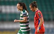 7 October 2023; Aine O'Gorman of Shamrock Rovers and Pearl Slattery of Shelbourne after the SSE Airtricity Women's Premier Division match between Shamrock Rovers and Shelbourne at Tallaght Stadium in Dublin. Photo by Eóin Noonan/Sportsfile