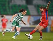7 October 2023; Aine O'Gorman of Shamrock Rovers in action against Leah Doyle of Shelbourne during the SSE Airtricity Women's Premier Division match between Shamrock Rovers and Shelbourne at Tallaght Stadium in Dublin. Photo by Eóin Noonan/Sportsfile