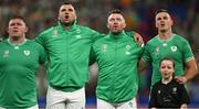 7 October 2023; Ireland players, from left, Tadhg Furlong, Tadhg Beirne, Peter O’Mahony and Jonathan Sexton during Ireland's Call before the 2023 Rugby World Cup Pool B match between Ireland and Scotland at the Stade de France in Paris, France. Photo by Brendan Moran/Sportsfile