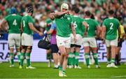 7 October 2023; Mack Hansen of Ireland before leaving the pitch to receive medical attention during the 2023 Rugby World Cup Pool B match between Ireland and Scotland at the Stade de France in Paris, France. Photo by Brendan Moran/Sportsfile