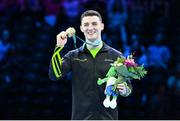 7 October 2023; Rhys McClenaghan of Ireland celebrates with his gold medal after winning the Men's Pommel Horse Final at the 2023 World Artistic Gymnastics Championships at the Antwerps Sportpaleis in Antwerp, Belgium. Photo by Filippo Tomasi/Sportsfile