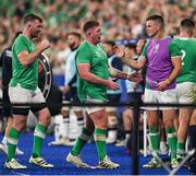 7 October 2023; Ireland players, from left, Peter O’Mahony, Tadhg Furlong and Jonathan Sexton during the 2023 Rugby World Cup Pool B match between Ireland and Scotland at the Stade de France in Paris, France. Photo by Brendan Moran/Sportsfile