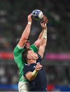 7 October 2023; James Ryan of Ireland takes possession in a lineout ahead of Scotland's Jack Dempsey during the 2023 Rugby World Cup Pool B match between Ireland and Scotland at the Stade de France in Paris, France. Photo by Brendan Moran/Sportsfile