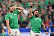 7 October 2023; Ireland players Tadhg Beirne, left, and Andrew Porter celebrate after their side's victory in the 2023 Rugby World Cup Pool B match between Ireland and Scotland at the Stade de France in Paris, France. Photo by Ramsey Cardy/Sportsfile