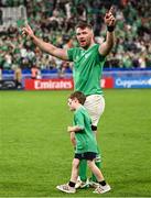7 October 2023; Peter O’Mahony of Ireland and his son Theo after their side's victory in the 2023 Rugby World Cup Pool B match between Ireland and Scotland at the Stade de France in Paris, France. Photo by Harry Murphy/Sportsfile
