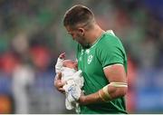 7 October 2023; Stuart McCloskey of Ireland with his newborn son Kasper after his side's victory in the 2023 Rugby World Cup Pool B match between Ireland and Scotland at the Stade de France in Paris, France. Photo by Harry Murphy/Sportsfile
