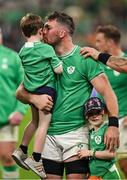 7 October 2023; Peter O’Mahony of Ireland with his children Theo and Indie after the 2023 Rugby World Cup Pool B match between Ireland and Scotland at the Stade de France in Paris, France. Photo by Brendan Moran/Sportsfile