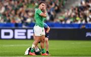 7 October 2023; James Lowe of Ireland holds his eye during the 2023 Rugby World Cup Pool B match between Ireland and Scotland at the Stade de France in Paris, France. Photo by Harry Murphy/Sportsfile