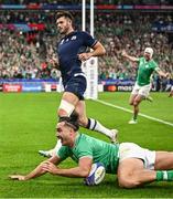 7 October 2023; James Lowe of Ireland celebrates after scoring his side's first try during the 2023 Rugby World Cup Pool B match between Ireland and Scotland at the Stade de France in Paris, France. Photo by Harry Murphy/Sportsfile