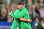 7 October 2023; Jonathan Sexton and Peter O’Mahony of Ireland embrace before the 2023 Rugby World Cup Pool B match between Ireland and Scotland at the Stade de France in Paris, France. Photo by Harry Murphy/Sportsfile