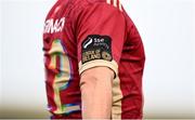 7 October 2023; A detailed view of the SSE Airtricity Men's First Division sleeve badge on the Galway United jersey during the Sports Direct Men’s FAI Cup semi-final match between Galway United and Bohemians at Eamonn Deacy Park in Galway. Photo by Stephen McCarthy/Sportsfile