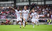 7 October 2023; Dylan Connolly of Bohemians celebrates after scoring his side's first goal with team-mates Jonathan Afolabi, left, and Ali Coote, right, during the Sports Direct Men’s FAI Cup semi-final match between Galway United and Bohemians at Eamonn Deacy Park in Galway. Photo by Stephen McCarthy/Sportsfile