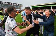 7 October 2023; Bohemians manager Declan Devine and Eric Lalor, left, celebrate after the Sports Direct Men’s FAI Cup semi-final match between Galway United and Bohemians at Eamonn Deacy Park in Galway. Photo by Stephen McCarthy/Sportsfile