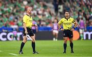 7 October 2023; Referee Nic Berry, right, and assistant referee Wayne Barnes during the 2023 Rugby World Cup Pool B match between Ireland and Scotland at the Stade de France in Paris, France. Photo by Ramsey Cardy/Sportsfile