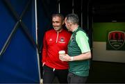 8 October 2023; Cork City manager Richie Holland, left, with Cork City owner Dermot Usher before the Sports Direct Men’s FAI Cup semi-final match between Cork City and St Patrick's Athletic at Turner’s Cross in Cork. Photo by Eóin Noonan/Sportsfile