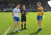 8 October 2023; Referee David Goldrick with team captains Bryan McMahon of Ratoath, left, and Padhraig Geraghty of Summerhill before the Meath County Senior Club Football Championship final match between Summerhill and Ratoath at Páirc Tailteann in Navan, Meath. Photo by Seb Daly/Sportsfile
