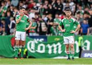 8 October 2023; Aaron Bolger, right, and Cian Coleman of Cork City after St Patrick's Athletic scored a first goal during the Sports Direct Men’s FAI Cup semi-final match between Cork City and St Patrick's Athletic at Turner’s Cross in Cork. Photo by Stephen McCarthy/Sportsfile