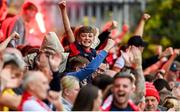 8 October 2023; St Patrick's Athletic supporters celebrate their first goal during the Sports Direct Men’s FAI Cup semi-final match between Cork City and St Patrick's Athletic at Turner’s Cross in Cork. Photo by Stephen McCarthy/Sportsfile