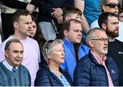 8 October 2023; Leitrim senior football manager Andy Moran, back left, and his newly appointed selector Mickey Graham stand for Amhrán na bhFiann alongside Uachtarán Chumann Lúthchleas Gael Larry McCarthy, front right, before the Leitrim County Senior Club Football Championship final match between Mohill and St Mary's Kiltoghert at Avant Money Páirc Seán Mac Diarmada in Carrick-on-Shannon, Leitrim. Photo by Piaras Ó Mídheach/Sportsfile